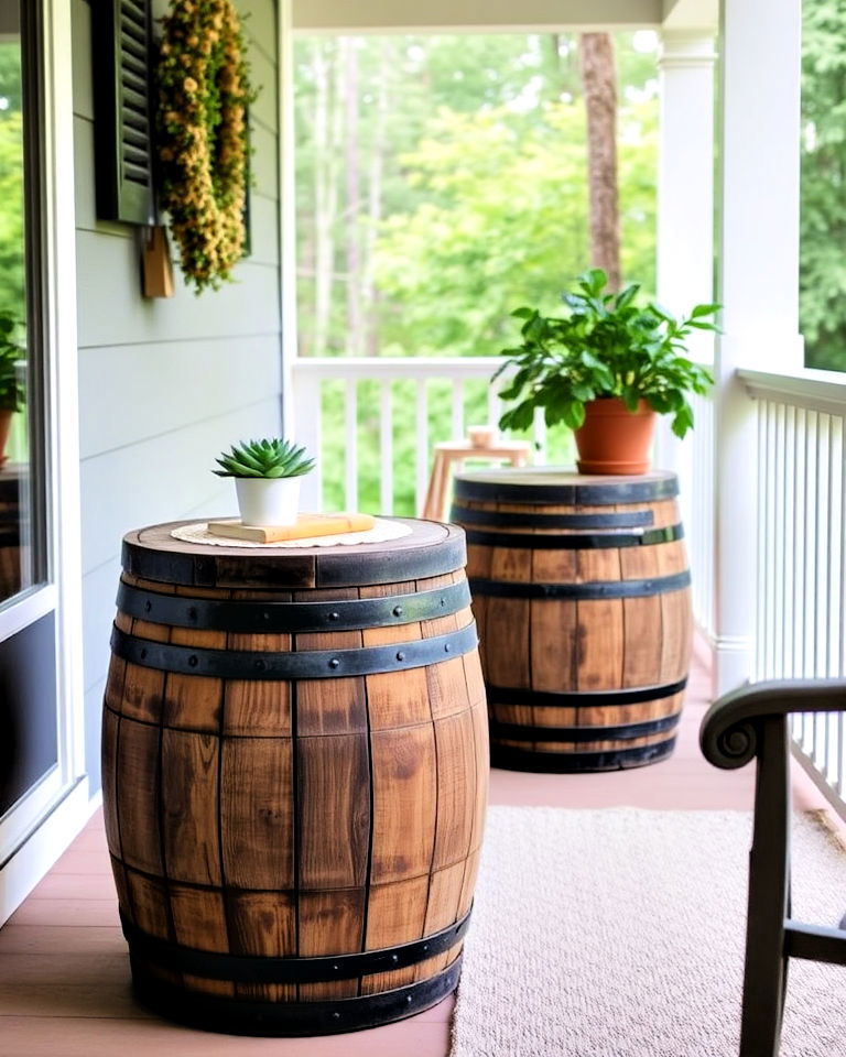 rustic barrel side tables for outdoor living - 30 Rustic Porch Ideas