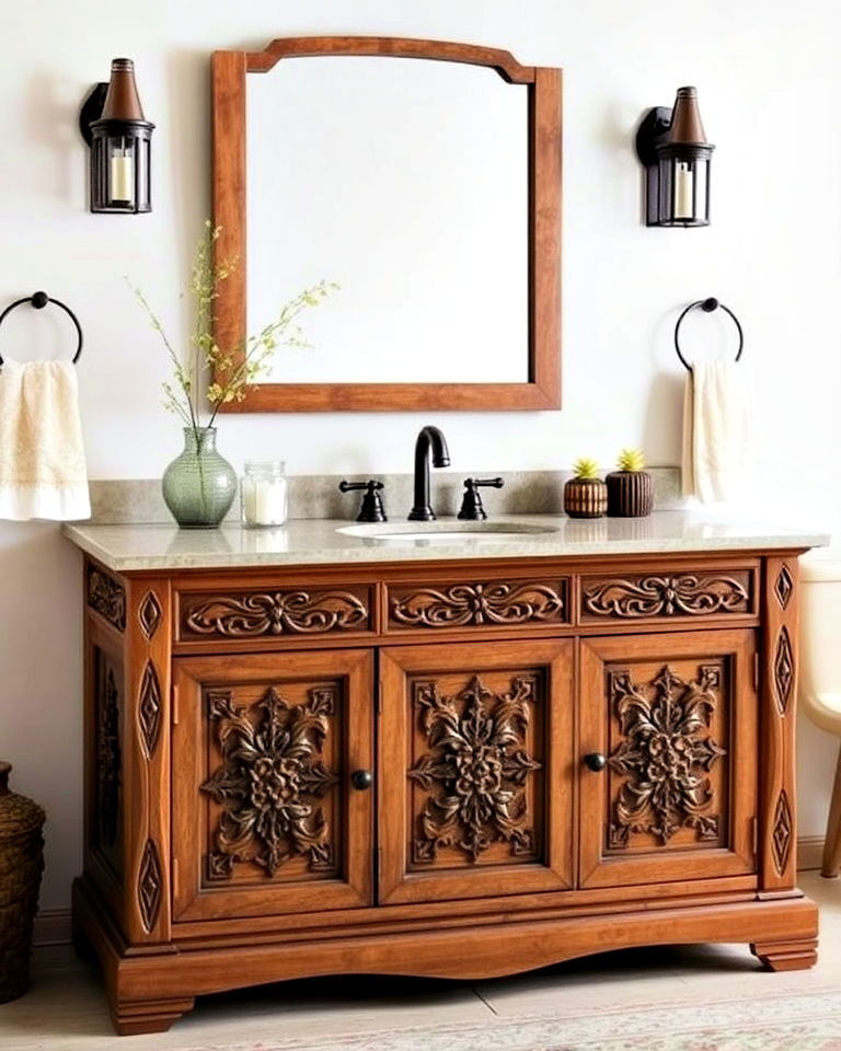 rustic bathroom vanity with carved details - 15 Rustic Bathroom Vanity Ideas