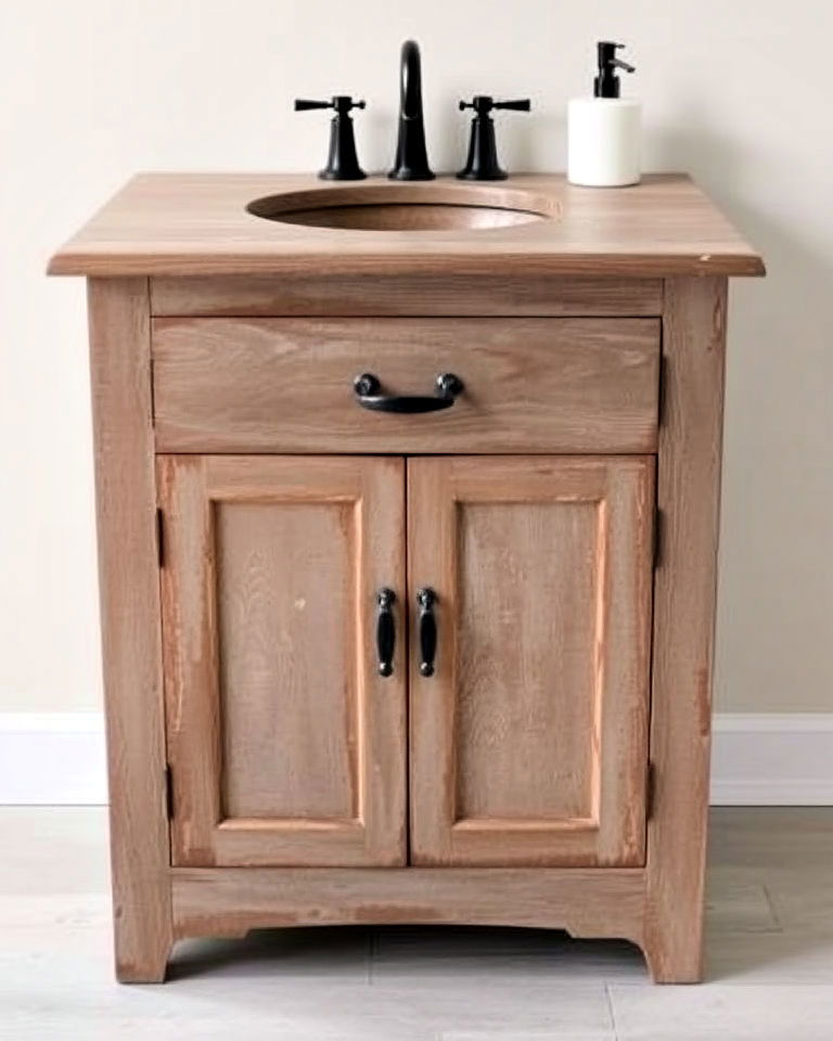 rustic bathroom with distressed wood vanity - 15 Rustic Bathroom Vanity Ideas