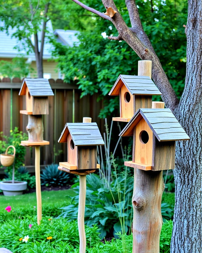 rustic birdhouses as shelter for birds - 30 Rustic Landscaping Ideas