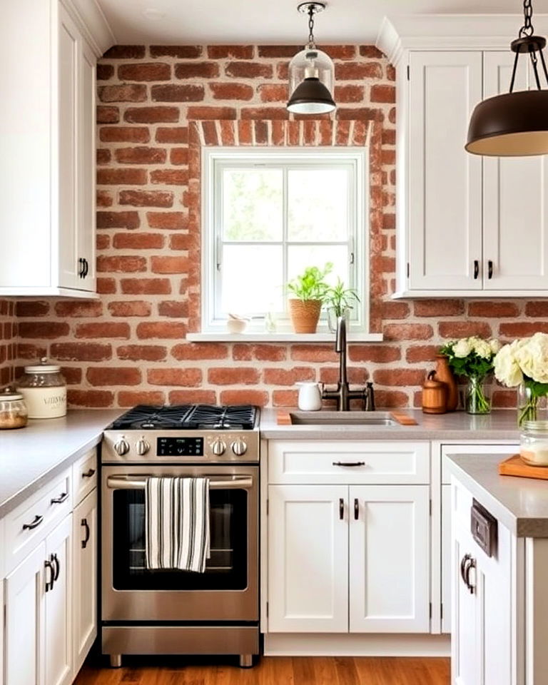 rustic brick backsplash - 40 Kitchen Backsplash Ideas for White Cabinets