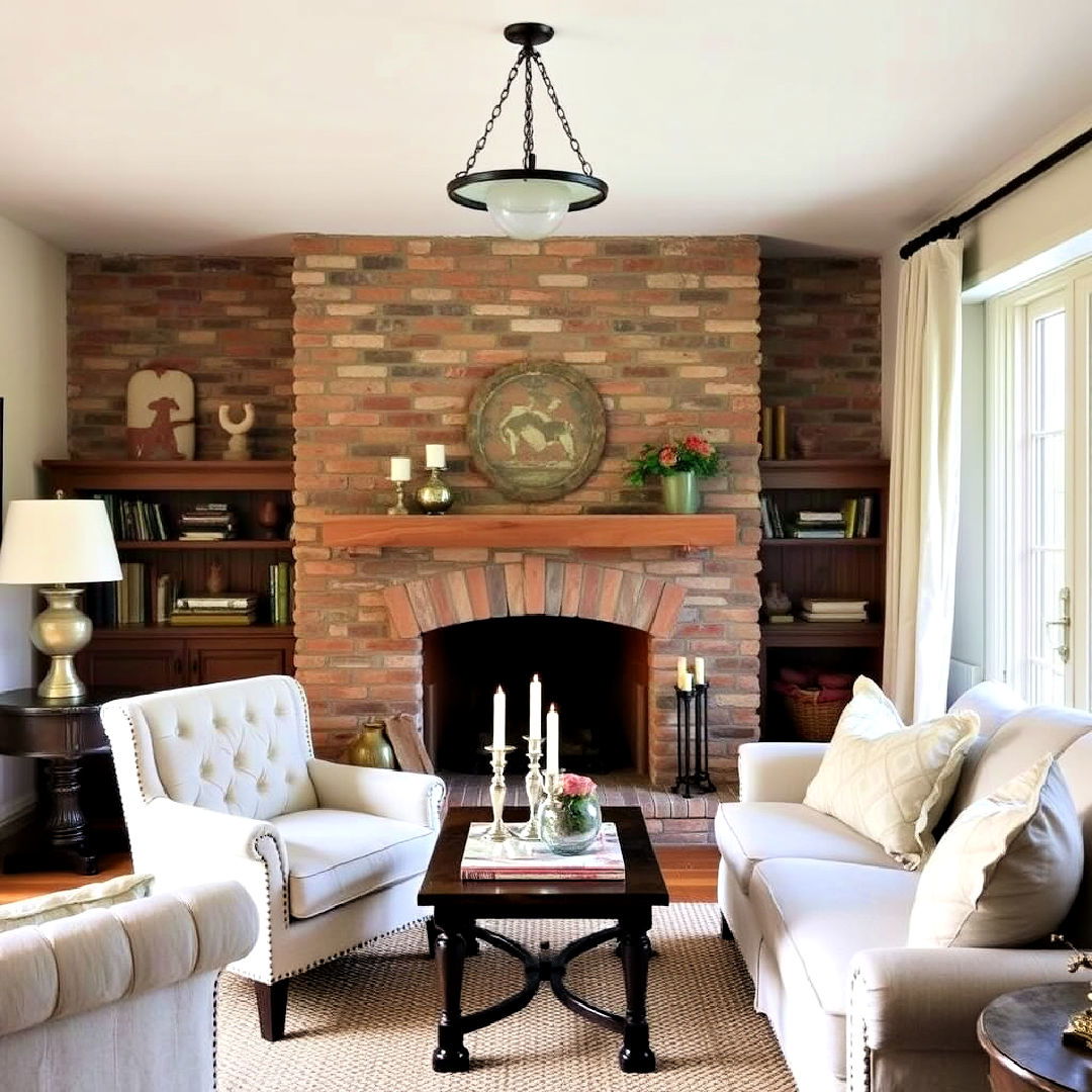 rustic brick fireplace - 40 French Country Living Room Ideas