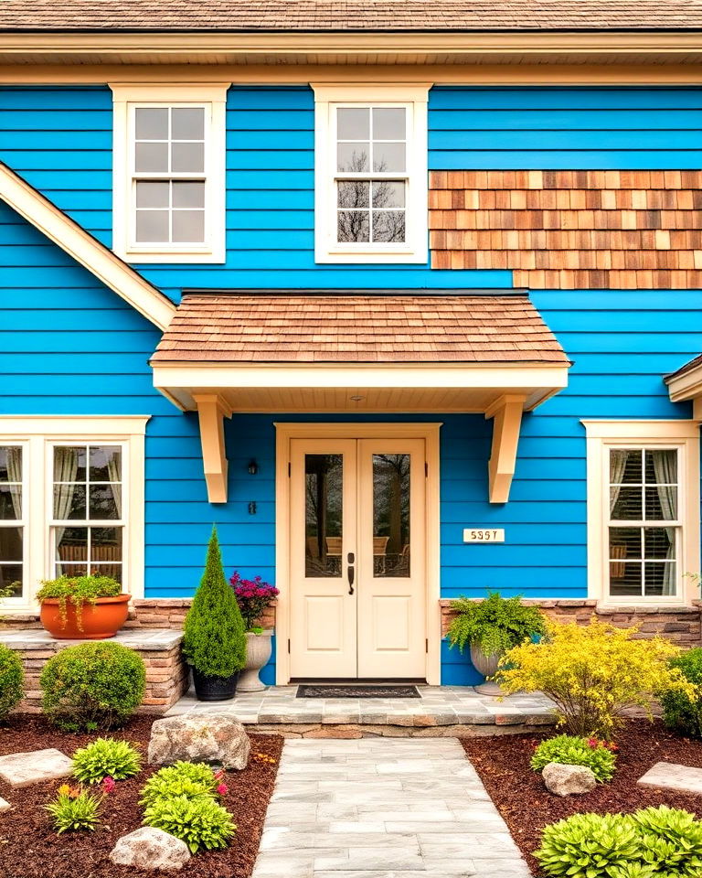 rustic brown shingles for azure blue home exterior - 25 Blue Exterior Home With a Brown Roof Ideas
