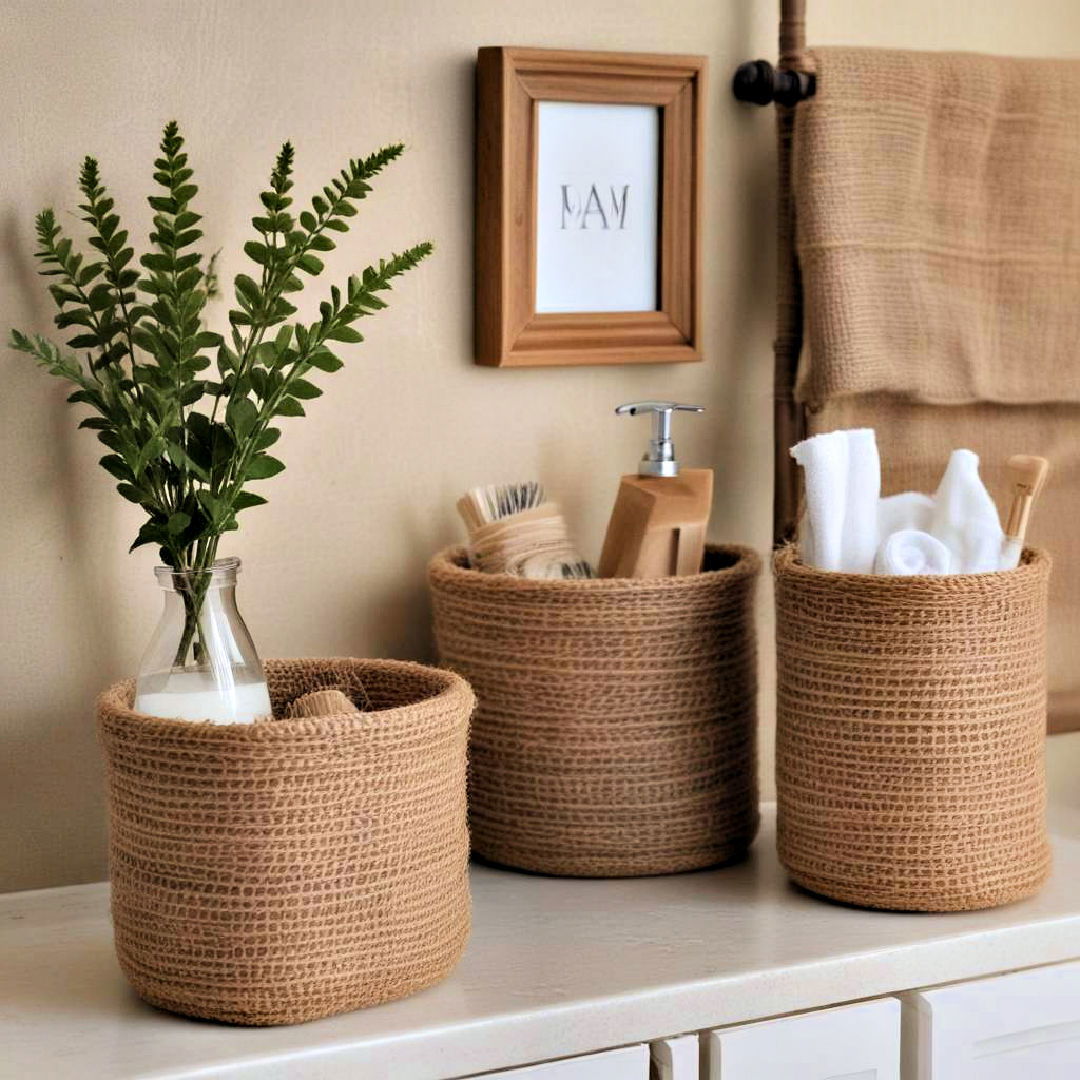 rustic burlap baskets - 25 Brown Bathroom Ideas