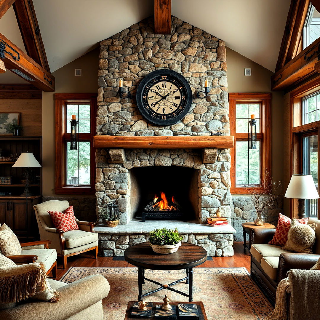 rustic cabin look fireplace with fieldstone - 25 Stacked Stone Fireplace Ideas