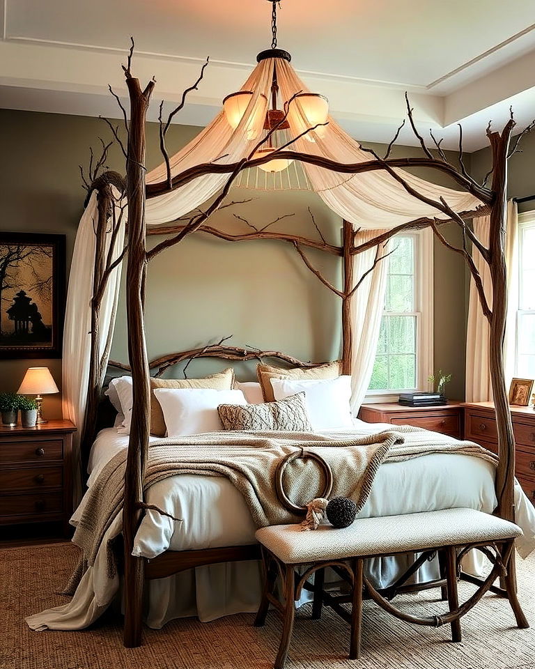 rustic canopy bed with branch details - 20 Forest-Themed Bedroom Ideas