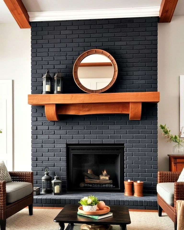 rustic charm black brick fireplace with wooden beams - 30 Black Brick Fireplace Ideas