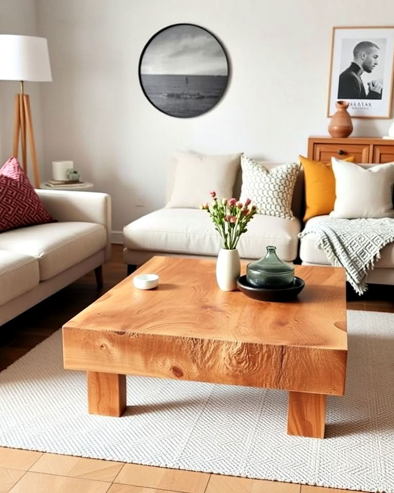 rustic charm with natural wood coffee tables - 30 Rustic Scandinavian Living Room Ideas