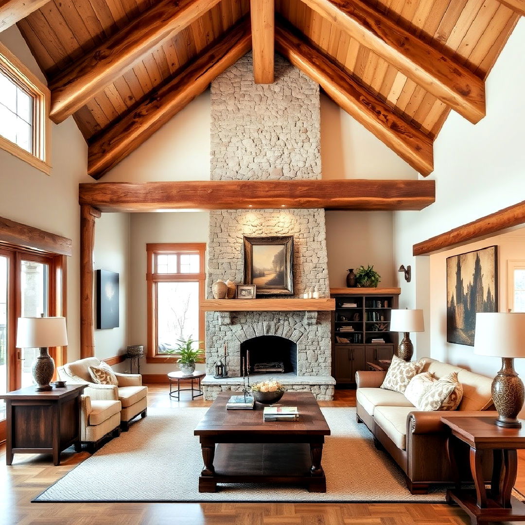 rustic charm with natural wood exposed beams - 25 Exposed Beam Living Room Ideas