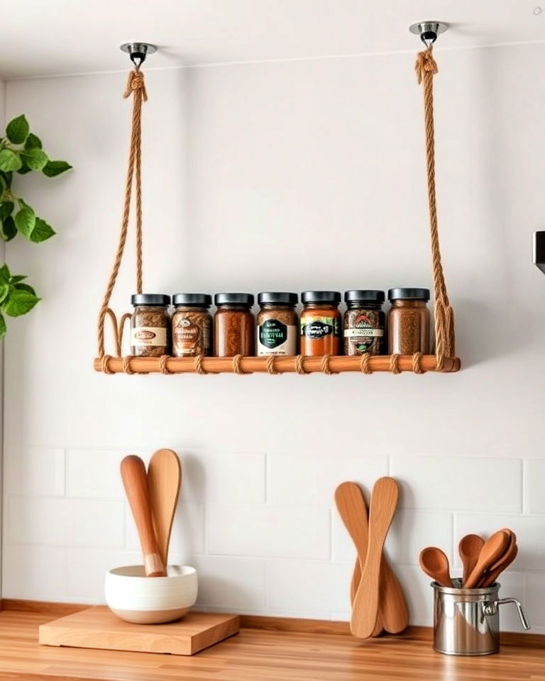 rustic charm with rope hanging spice shelf - 40 Spice Rack Ideas