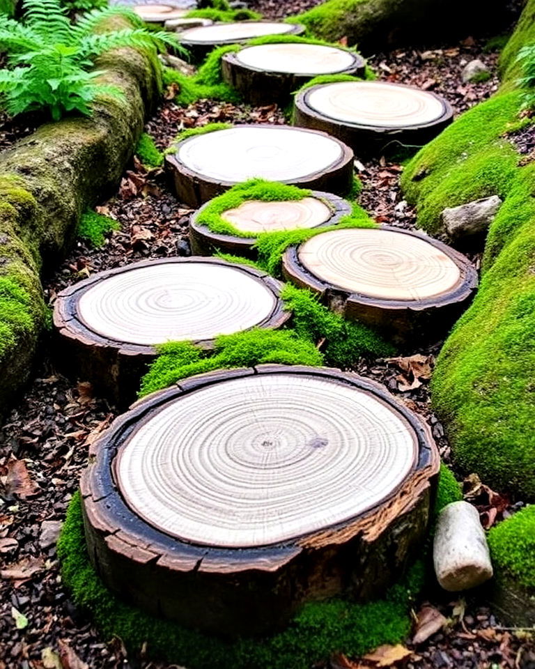 rustic circular log stepping stones - 20 Woodland Garden Path Ideas