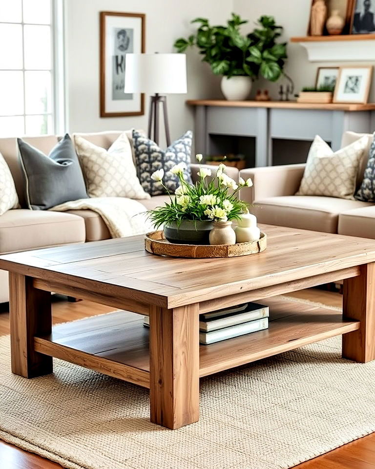 rustic coffee table for magnolia living room - 20 Magnolia Living Room Ideas