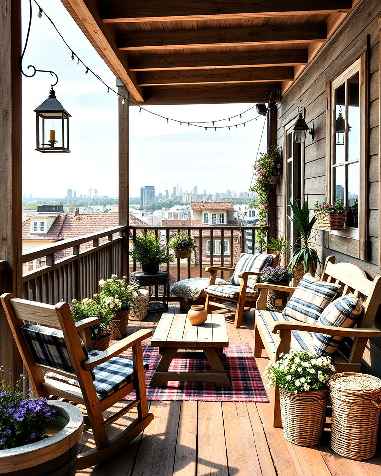 rustic country style balcony with wooden furniture - 25 Large Balcony Ideas