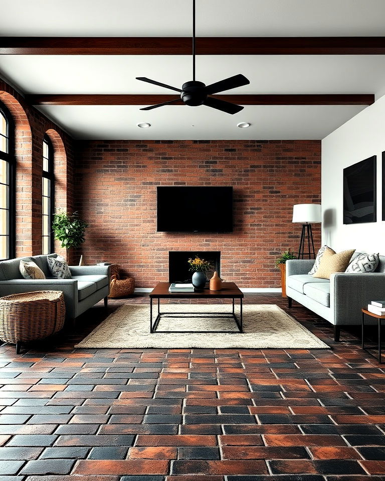 rustic dark brown brick flooring - 30 Dark Brown Floor Living Room Ideas