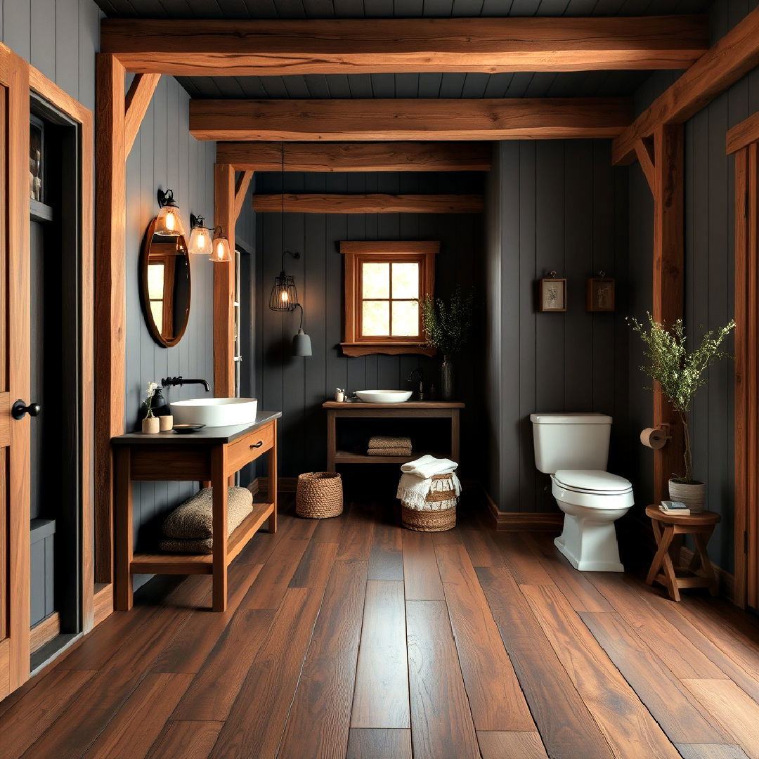 rustic design with exposed wood beams - 25 Dark Wood Floor Bathroom Ideas