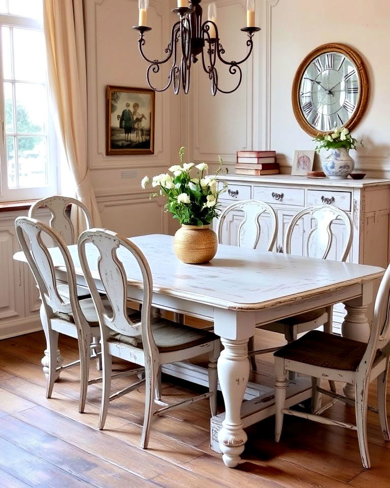 rustic distressed painted furniture - 25 French Parisian Dining Room Ideas