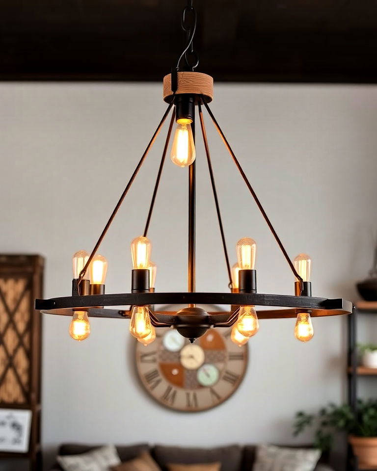 rustic edge industrial chandelier - 30 Living Room Chandelier Ideas