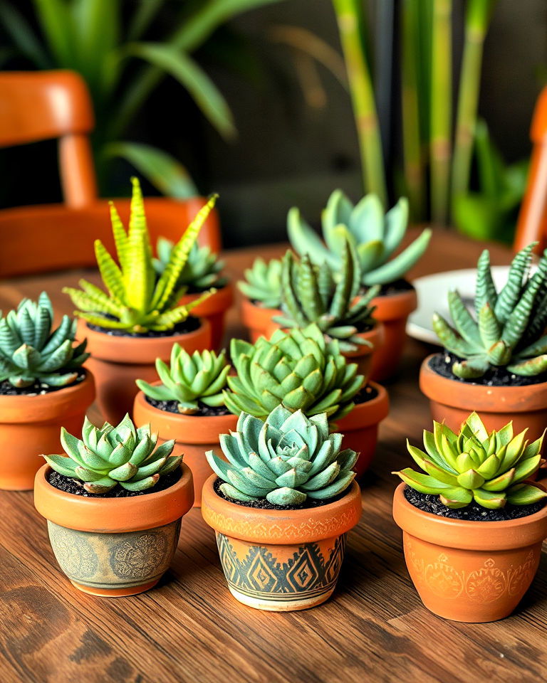 rustic elegance with succulents in clay pots - 20 Mexican Table Decor Ideas