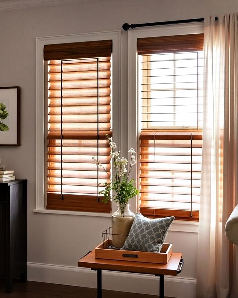 rustic farmhouse blinds with wood grain finishes - 40 Farmhouse Window Treatment Ideas