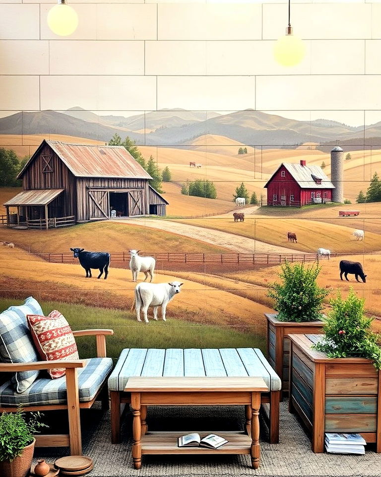 rustic farmhouse scene mural - 30 Garden Mural Ideas