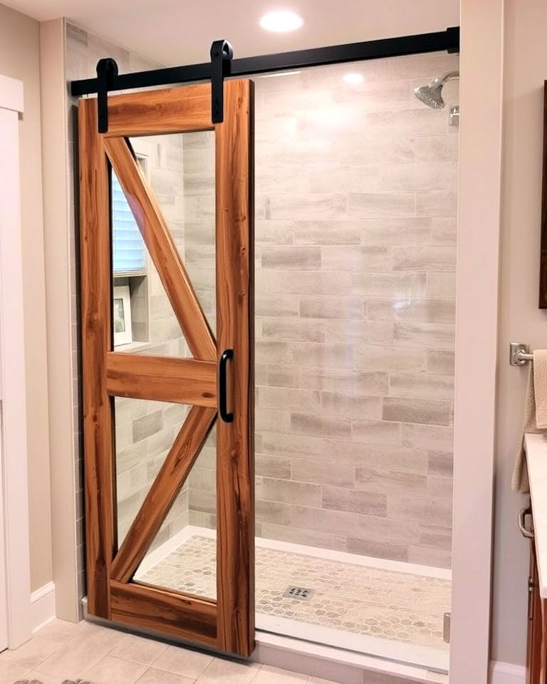 rustic farmhouse sliding shower door - 25 Rustic Walk-in Shower Ideas