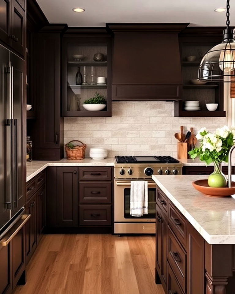 rustic feel chocolate brown cabinets - 40 Kitchen Cabinet Color Ideas