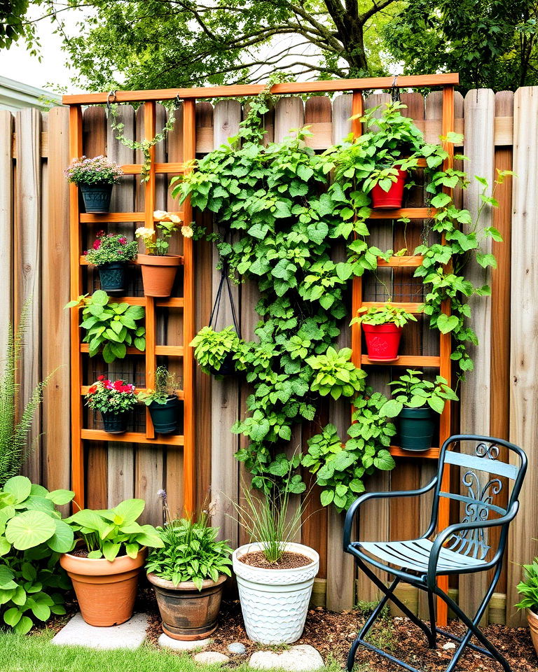 rustic fence mounted trellis planters - 40 Vertical Garden Ideas