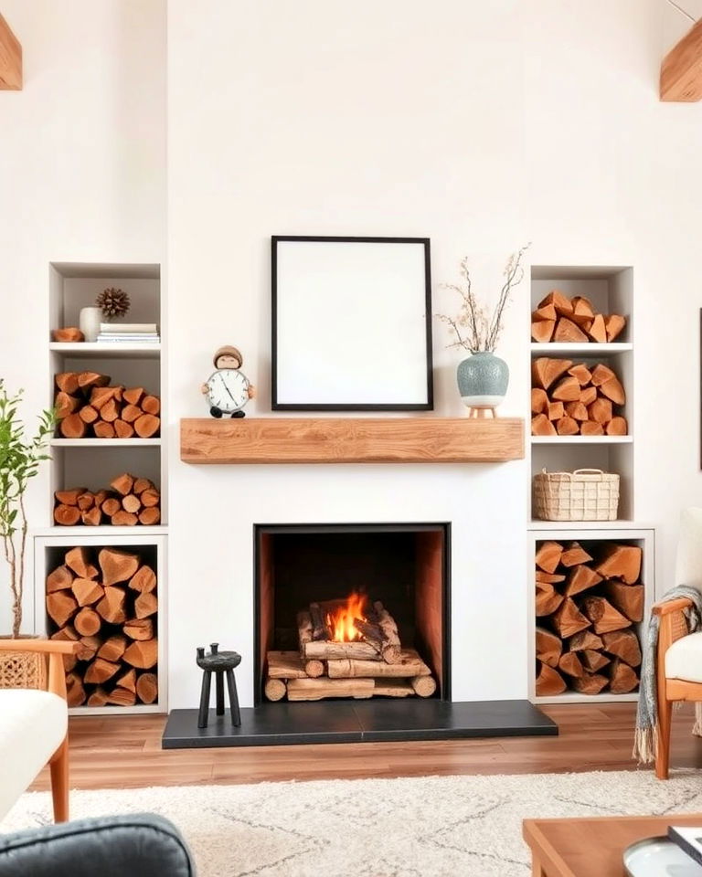 rustic fireplace with log storage - 20 Scandinavian Fireplace Ideas