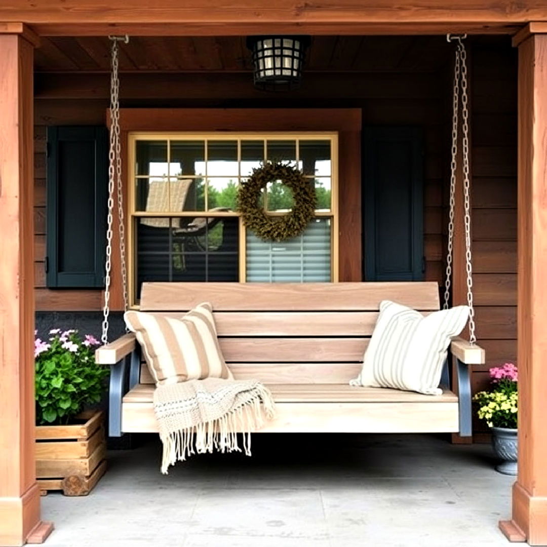 rustic front porch with cozy swing bench - 25 Rustic Front Porch Ideas