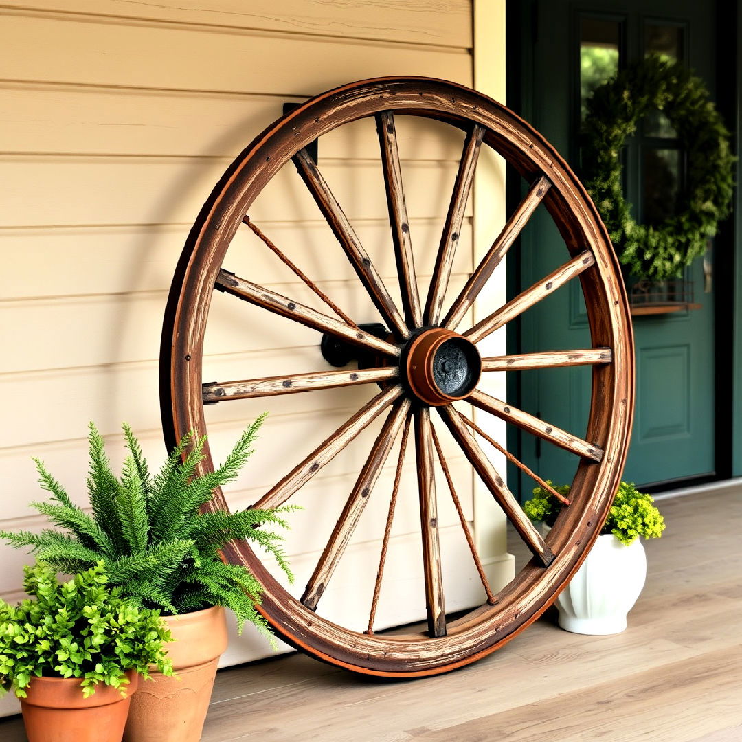 rustic front porch with wagon wheel decor - 25 Rustic Front Porch Ideas