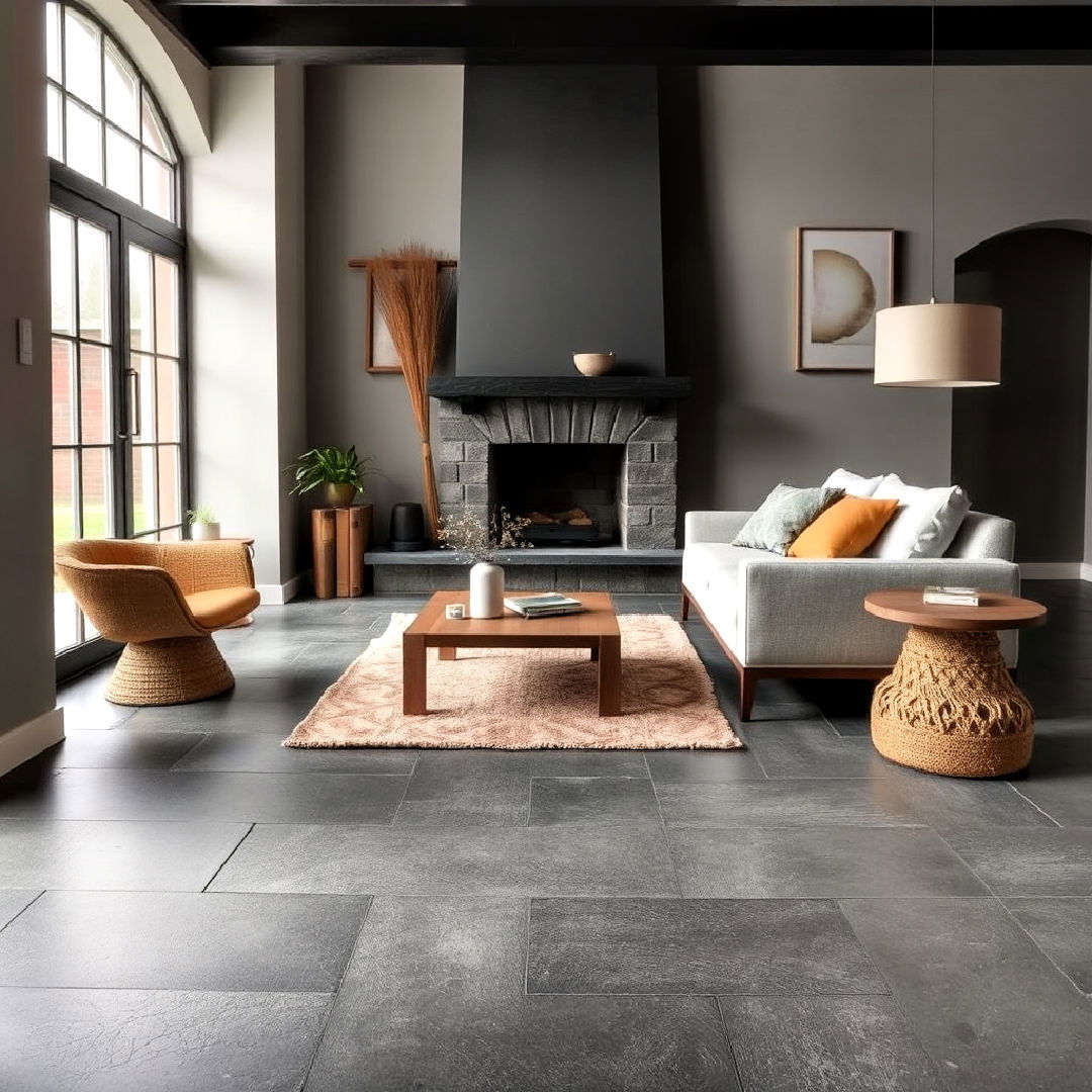rustic grey slate flooring - 25 Grey Flooring Living Room Ideas