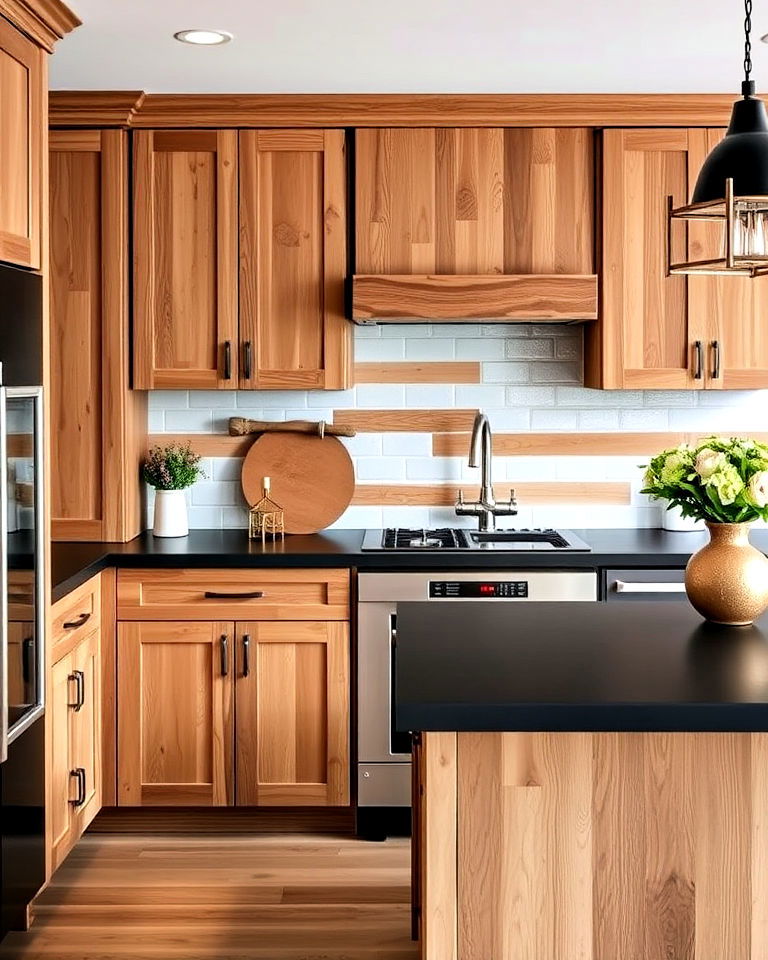 rustic hickory cabinets with black concrete countertops - 25 Brown Kitchen Cabinets With Black Countertops
