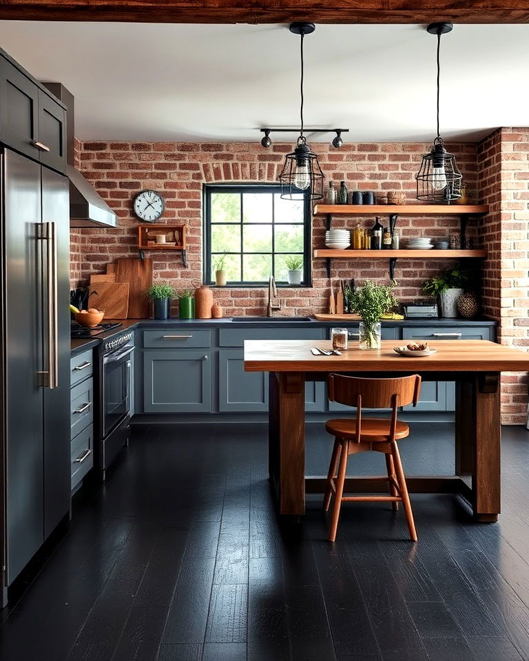 rustic industrial kitchen and black floor - 20 Black Floor Kitchen Ideas