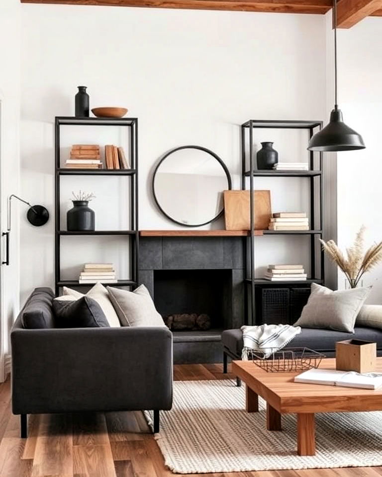 rustic industrial metal accents - 30 Rustic Scandinavian Living Room Ideas