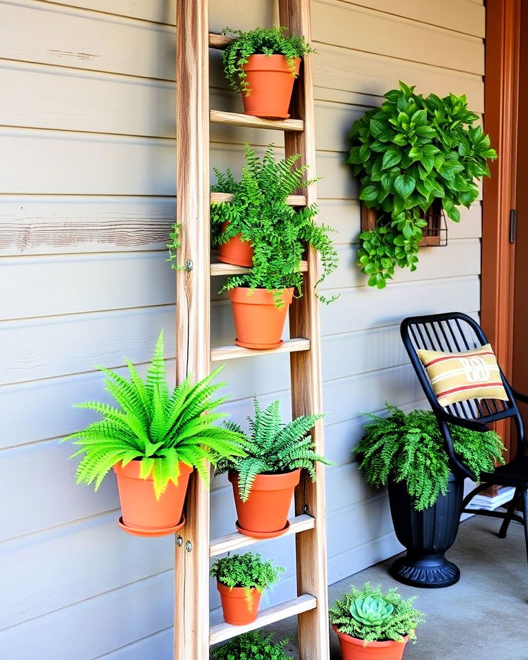 rustic ladder plant display for porch - 30 Rustic Porch Ideas