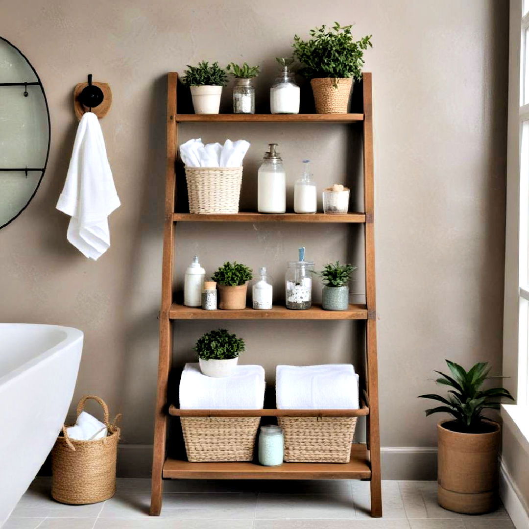 rustic ladder shelf - 40 Farmhouse Bathroom Ideas