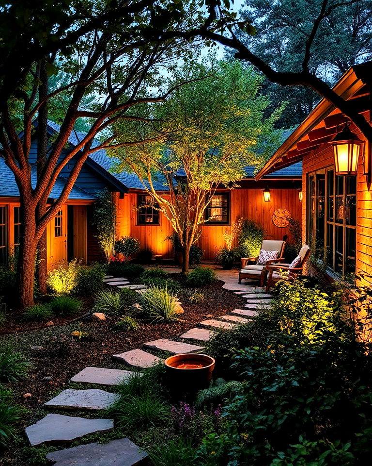 rustic landscape with outdoor lighting - 30 Rustic Landscaping Ideas