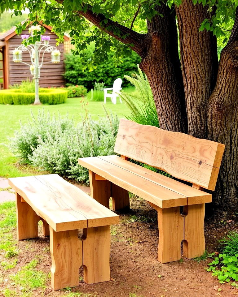 rustic landscape with wooden benches - 30 Rustic Landscaping Ideas