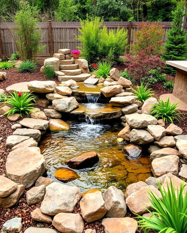 rustic landscaping with small waterfall - 30 Rustic Landscaping Ideas