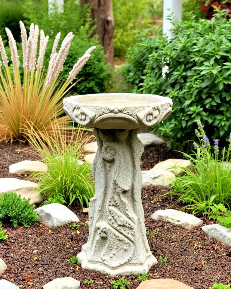 rustic landscaping with stone birdbaths - 30 Rustic Landscaping Ideas