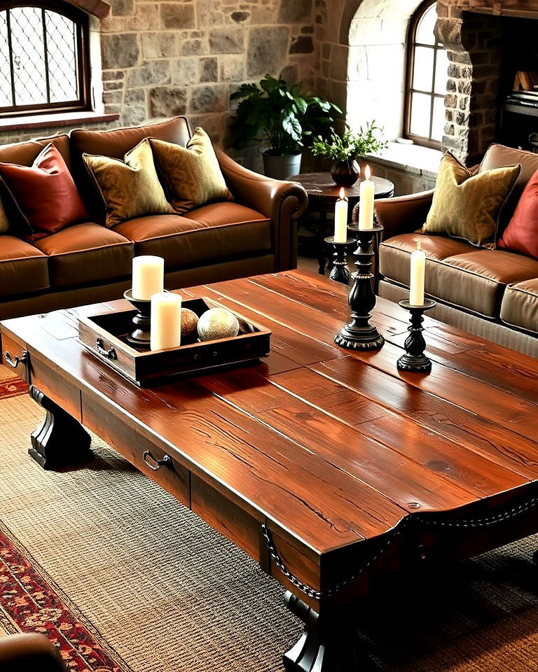 rustic large wooden coffee table - 20 Castle Living Room Ideas