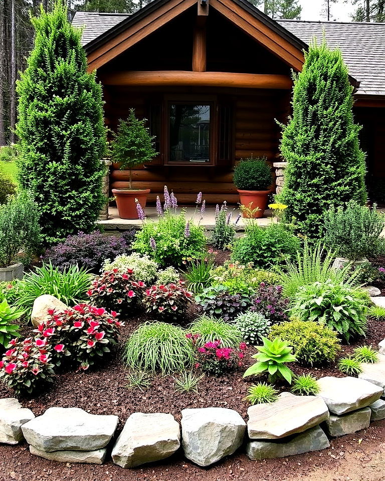 rustic layered planting bed design - 25 Log Cabin Landscaping Ideas