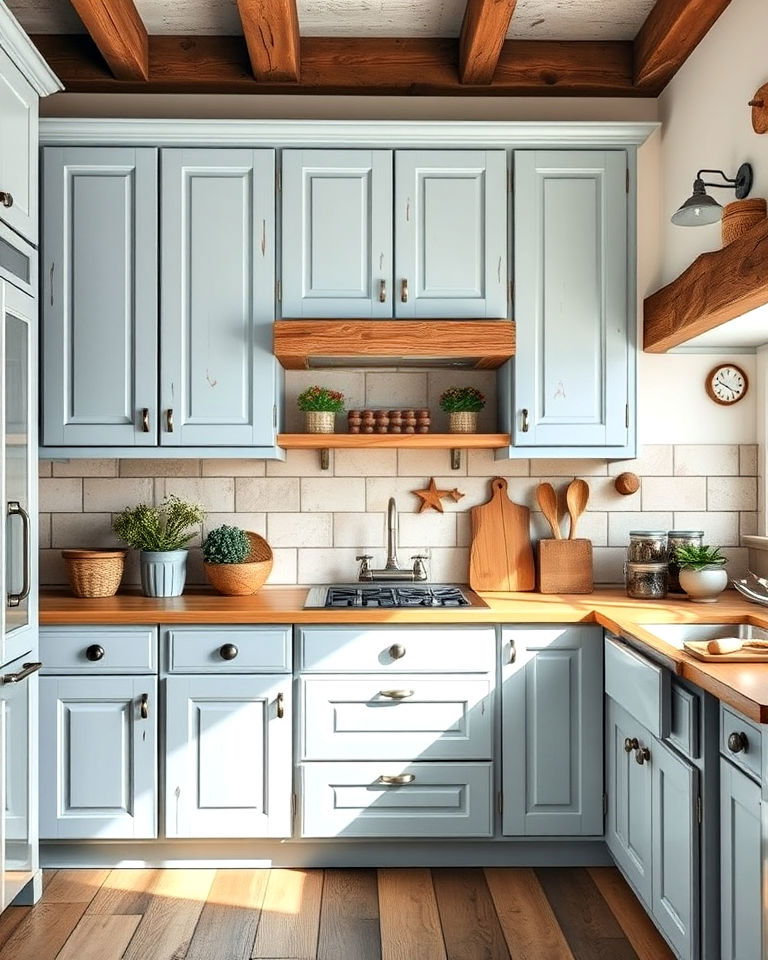 rustic light blue cabinets with weathered wood accents - 20 Light Blue Kitchen Cabinets Ideas