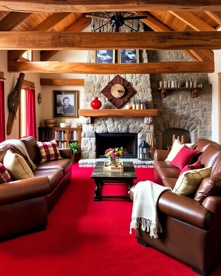rustic living room with red carpet - 20 Red Carpet Living Room Ideas