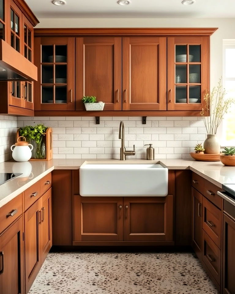 rustic look brown cabinets with farmhouse sink - 25 Brown Kitchen Cabinets Ideas