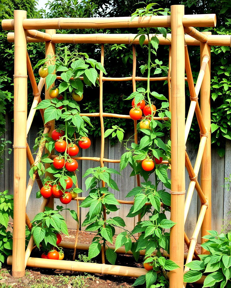 rustic look crossed bamboo trellis - 30 Tomato Trellis Ideas