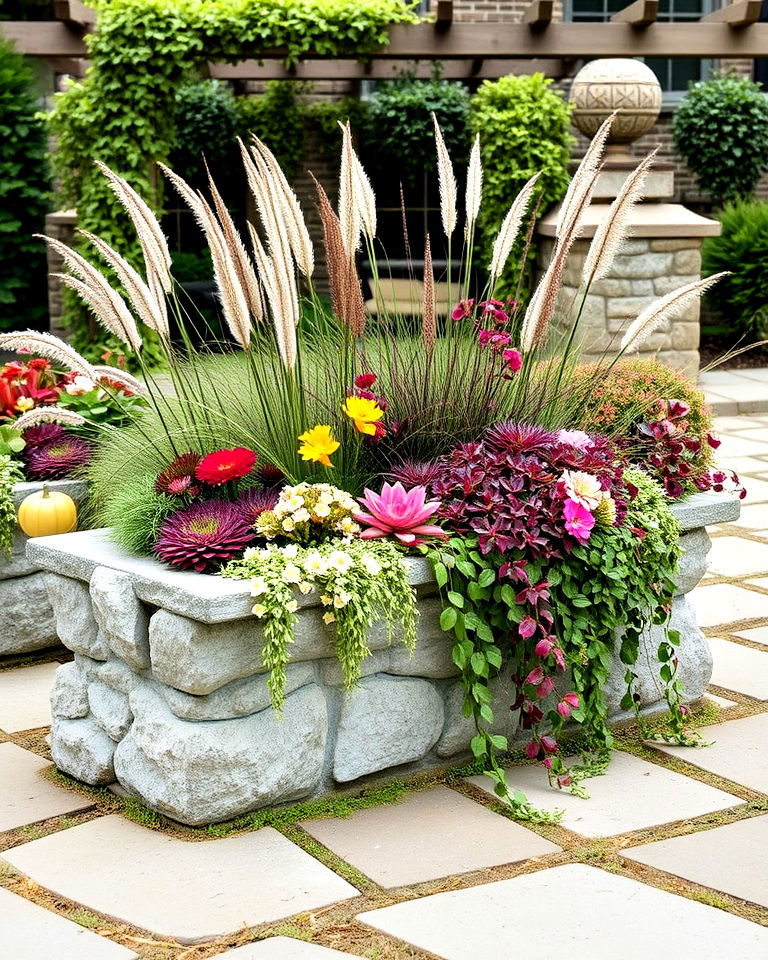 rustic look stone trough planter - 40 Fall Planter Ideas