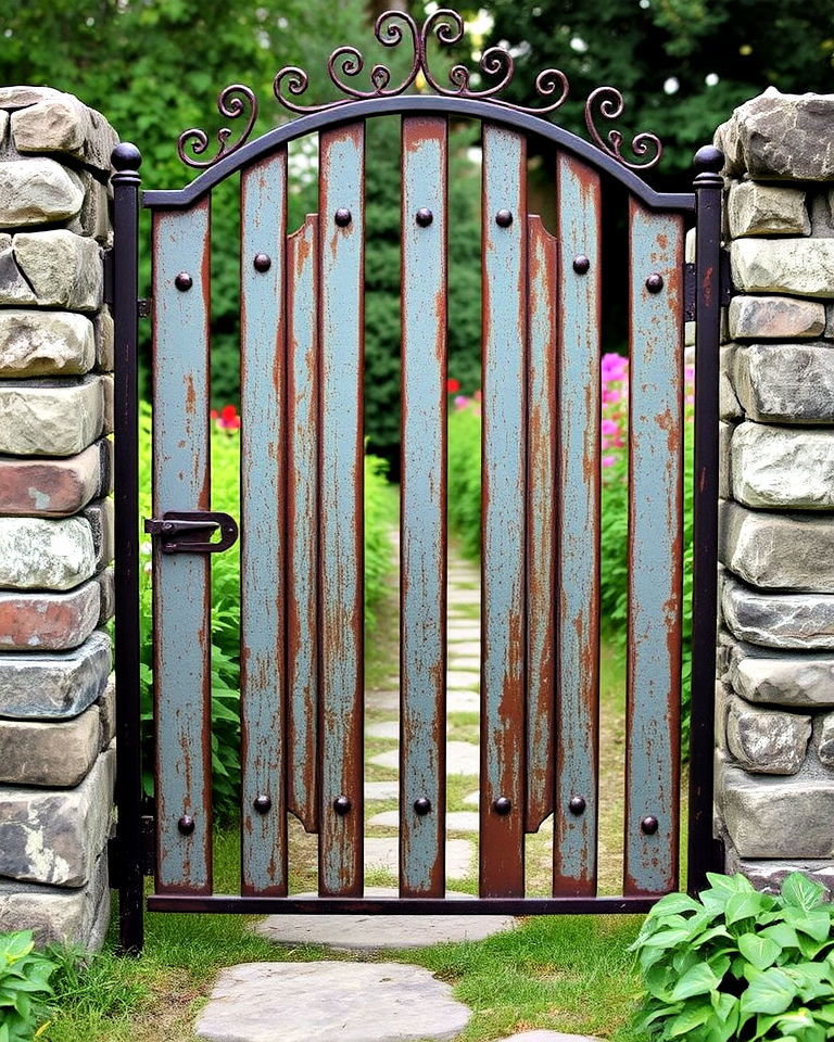 rustic metal garden gate with patina finish - 25 Metal Garden Gate Ideas