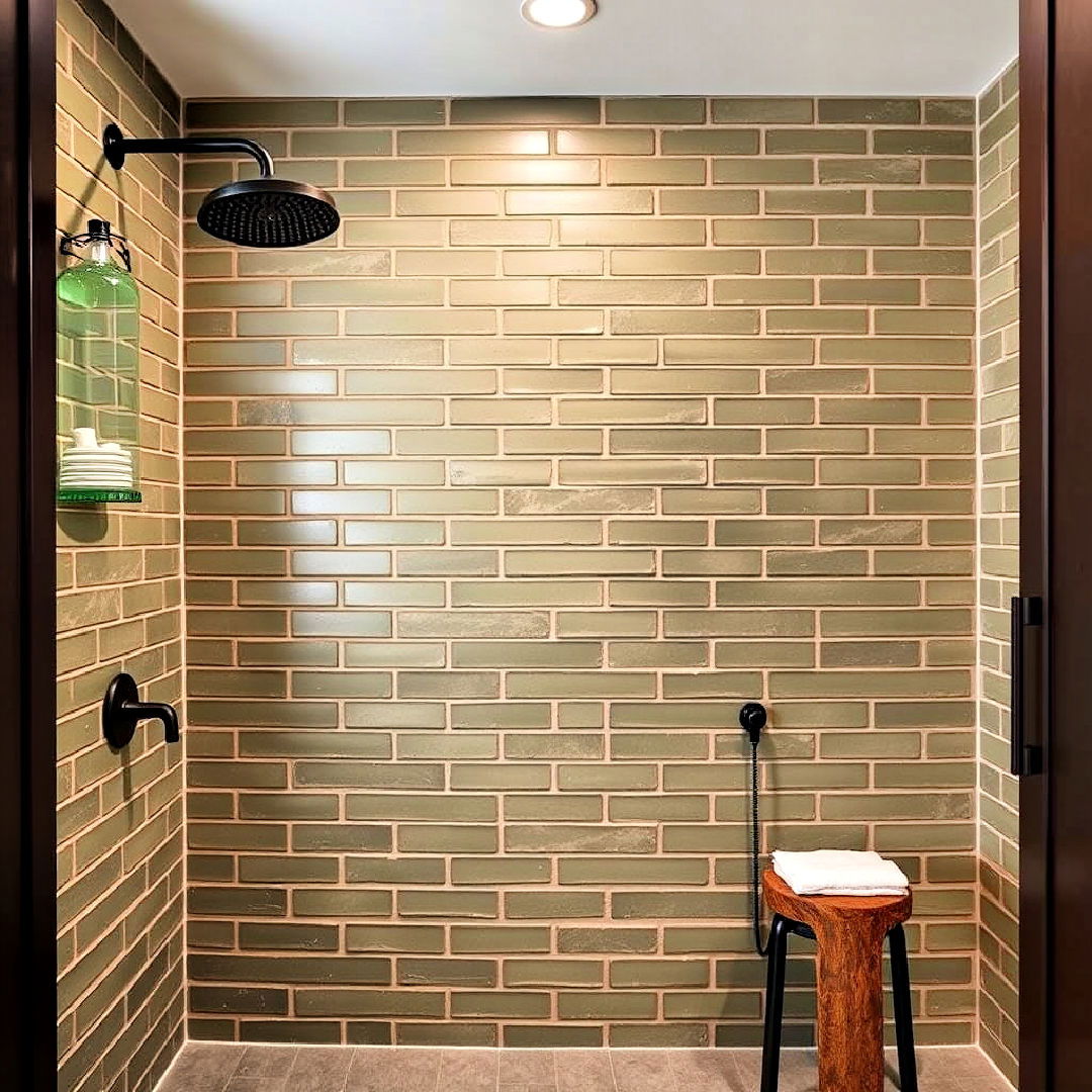 rustic olive green brick tiles - 25 Green Tile Bathroom Ideas