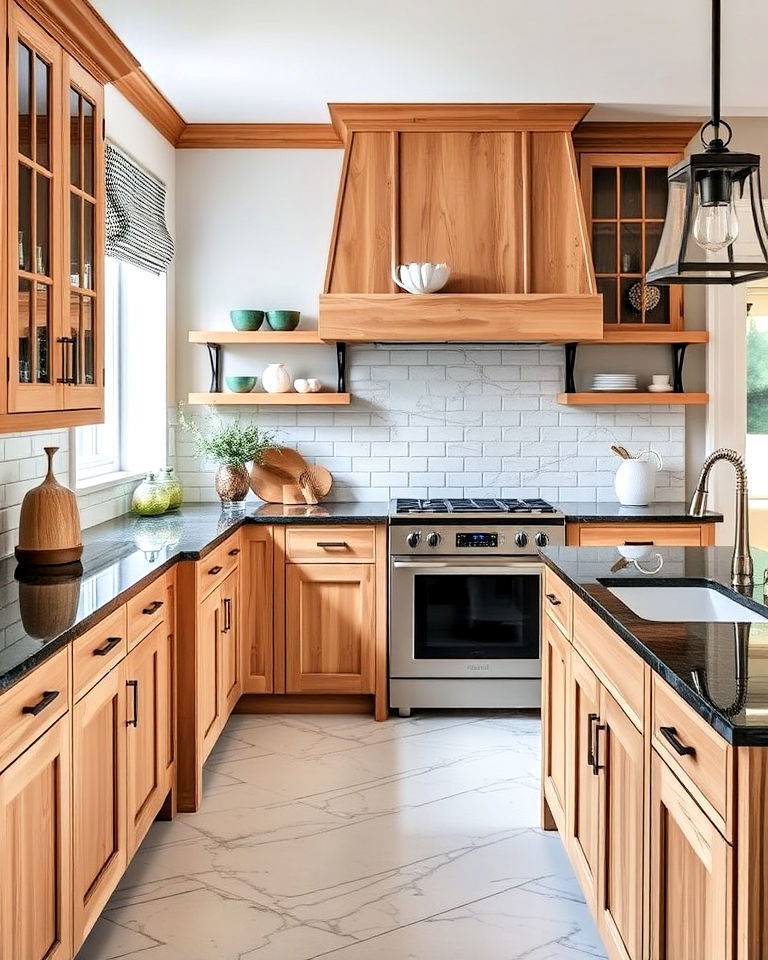 rustic pine kitchen cabinets with black marble countertops - 25 Brown Kitchen Cabinets With Black Countertops